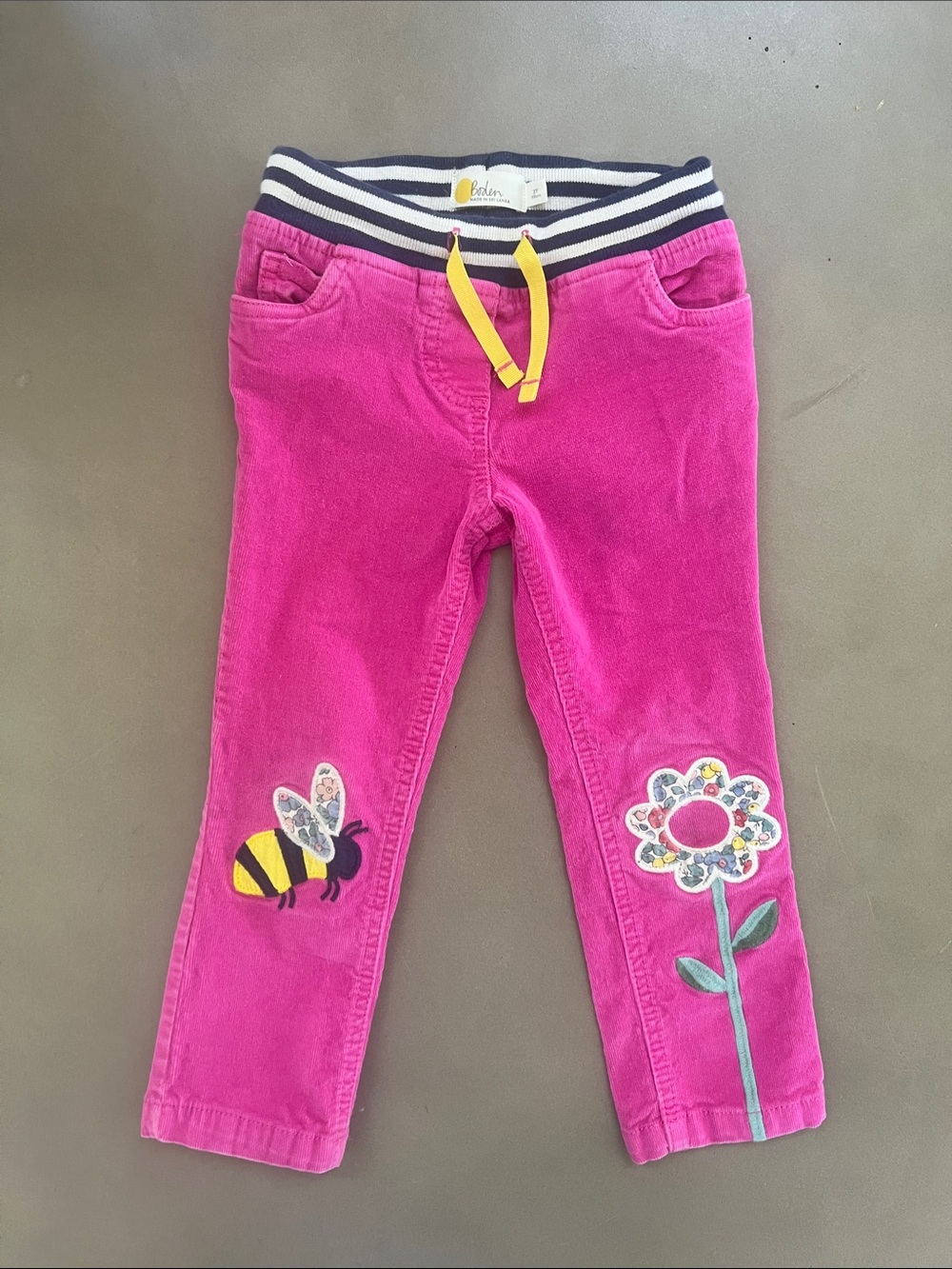 Boden Girls' Pink Corduroy Pants with Bee & Flower Appliqués